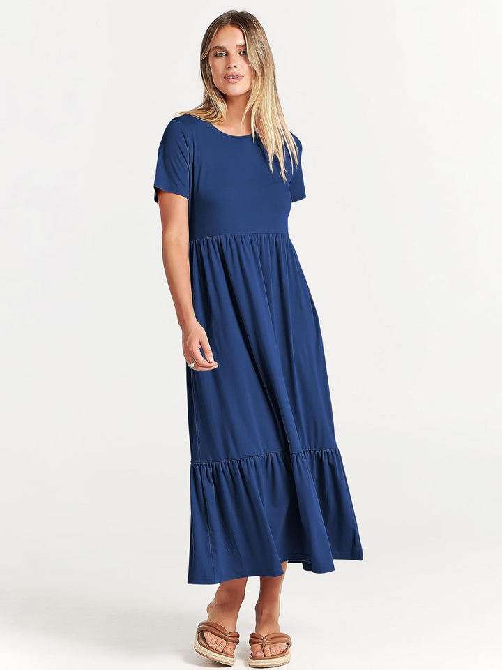 Luniro Womens 2026 Summer Casual Maxi Dress A line Tiered Flowy Short Sleeve Crewneck T Shirt Beach Travel Long Dresses