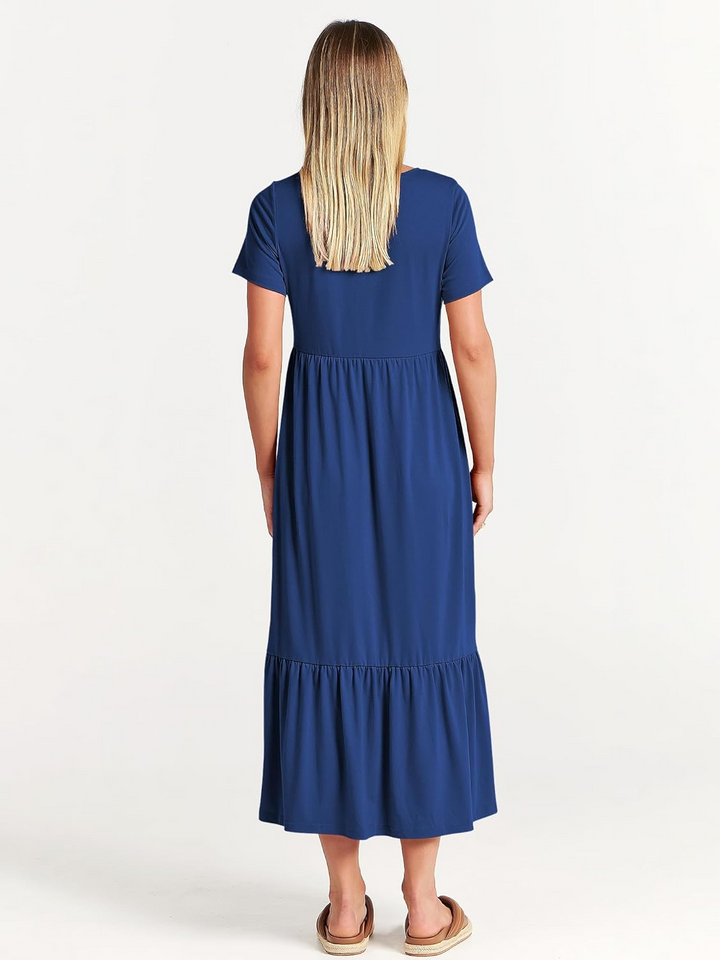 Luniro Womens 2026 Summer Casual Maxi Dress A line Tiered Flowy Short Sleeve Crewneck T Shirt Beach Travel Long Dresses