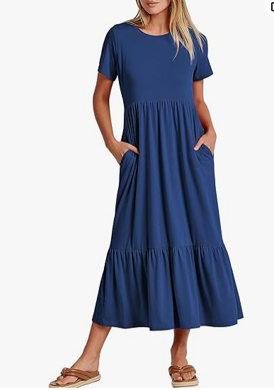 Luniro Womens 2026 Summer Casual Maxi Dress A line Tiered Flowy Short Sleeve Crewneck T Shirt Beach Travel Long Dresses