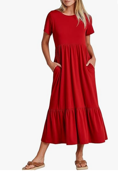 Luniro Womens 2026 Summer Casual Maxi Dress A line Tiered Flowy Short Sleeve Crewneck T Shirt Beach Travel Long Dresses