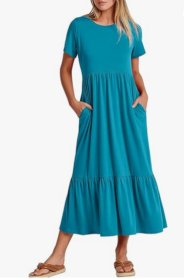 Luniro Womens 2026 Summer Casual Maxi Dress A line Tiered Flowy Short Sleeve Crewneck T Shirt Beach Travel Long Dresses