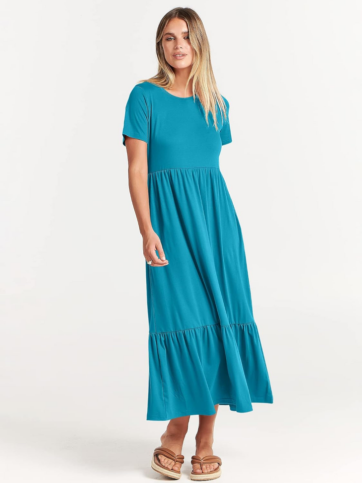 Luniro Womens 2026 Summer Casual Maxi Dress A line Tiered Flowy Short Sleeve Crewneck T Shirt Beach Travel Long Dresses