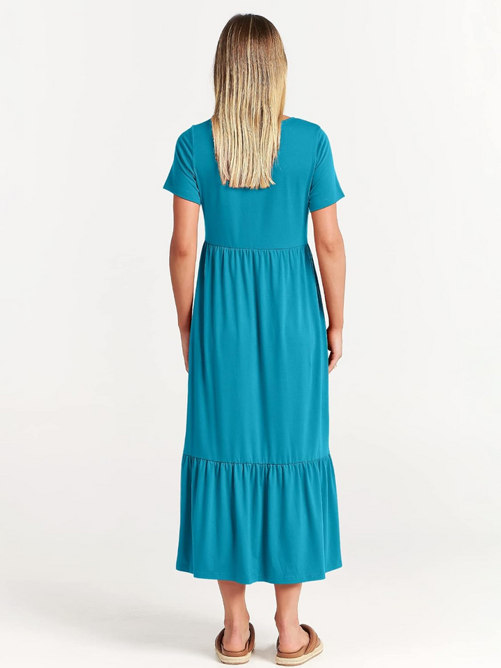 Luniro Womens 2026 Summer Casual Maxi Dress A line Tiered Flowy Short Sleeve Crewneck T Shirt Beach Travel Long Dresses