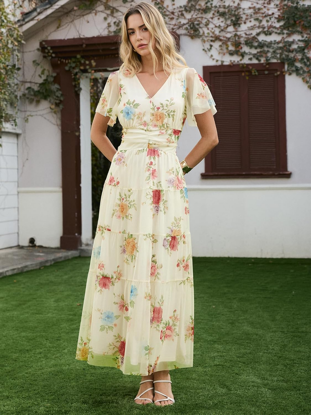 short maxi dress with sleeves ANRABESS Women's Floral Short Sleeve Maxi Dress