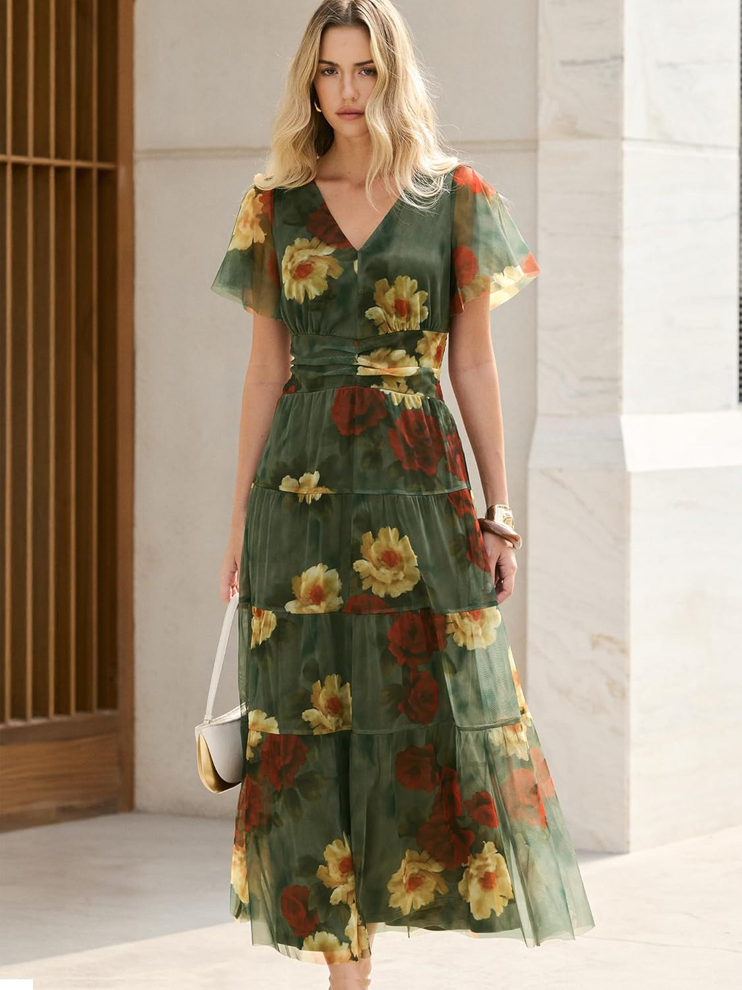 long floral dress short sleeve Women Floral Maxi Dress Short Sleeves Print Summer Beach Party Dress (T061009)
