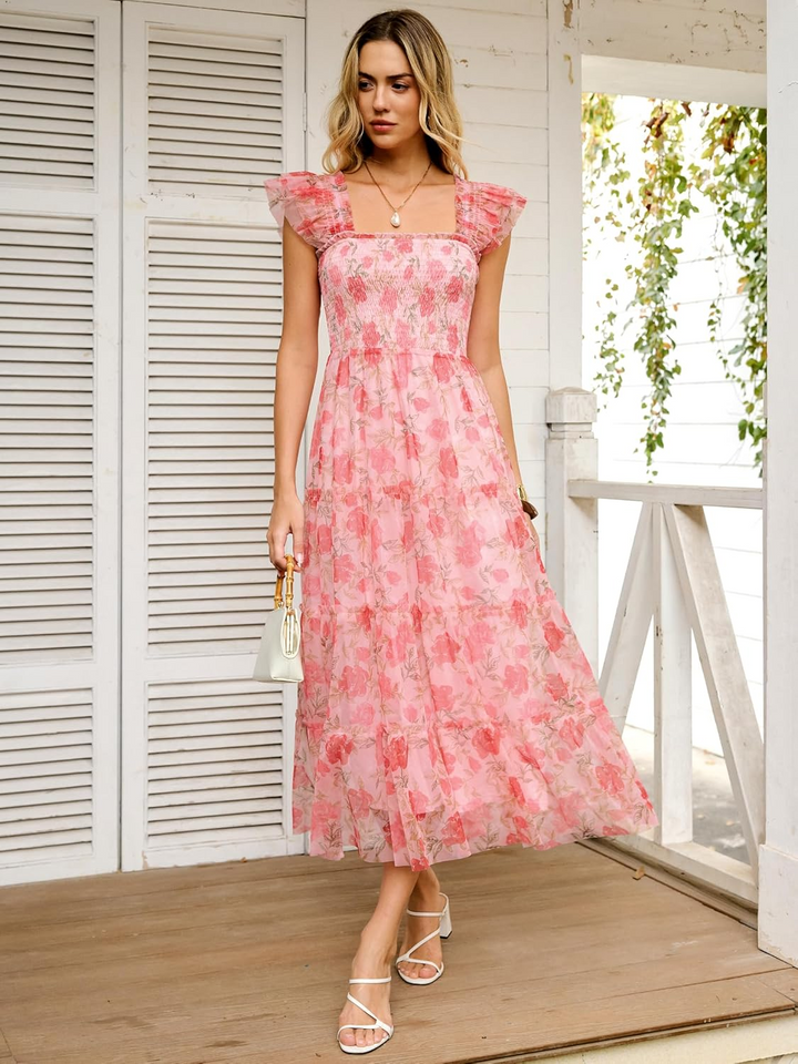 ANRABESS Women's Floral Smocked Ruffle Midi Dress
