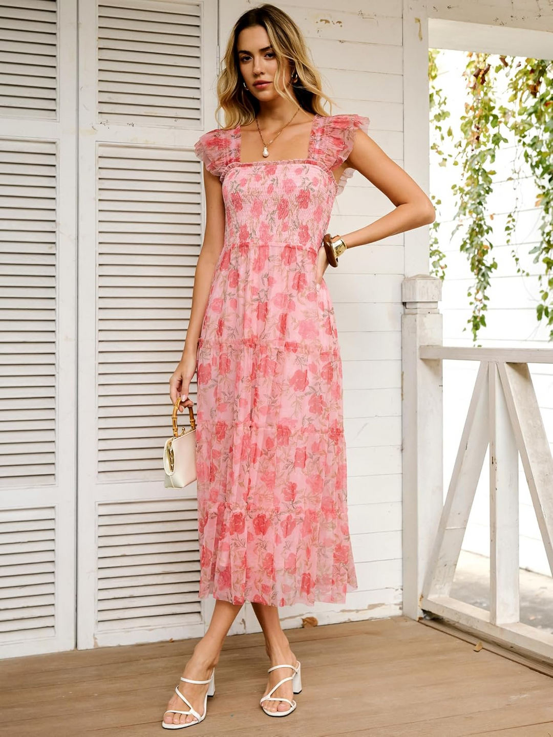 ANRABESS Women's Floral Smocked Ruffle Midi Dress