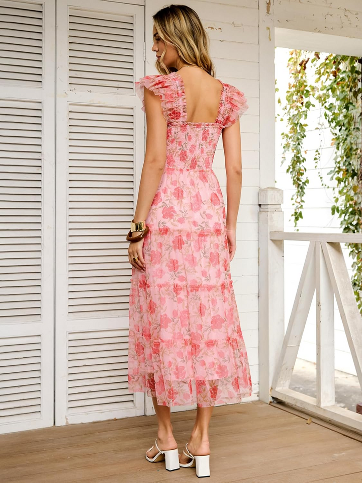 ANRABESS Women's Floral Smocked Ruffle Midi Dress