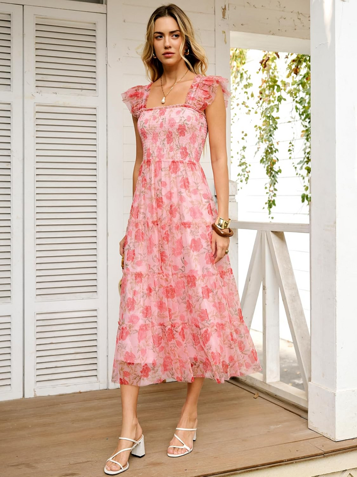 ANRABESS Women's Floral Smocked Ruffle Midi Dress