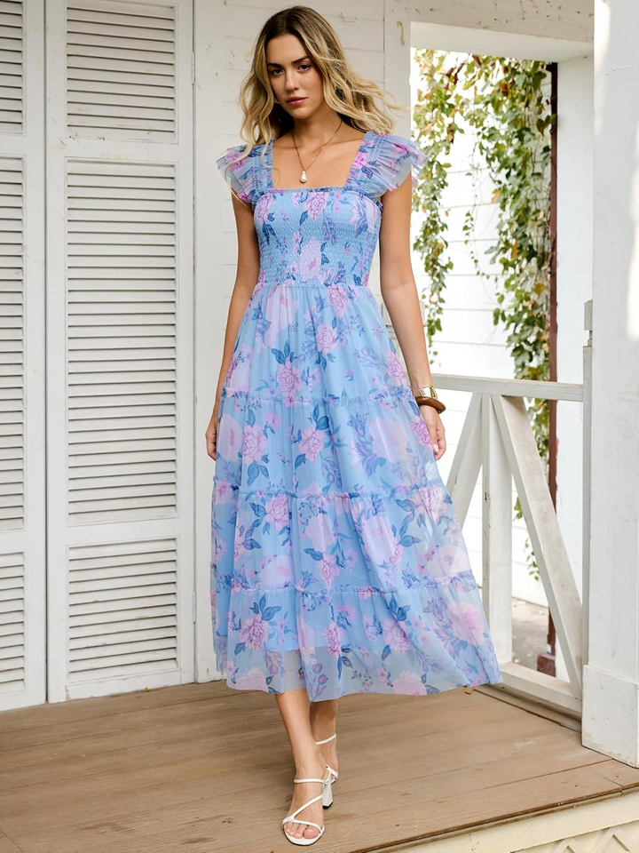 ANRABESS Women's Floral Smocked Ruffle Midi Dress