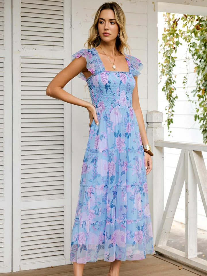 ANRABESS Women's Floral Smocked Ruffle Midi Dress