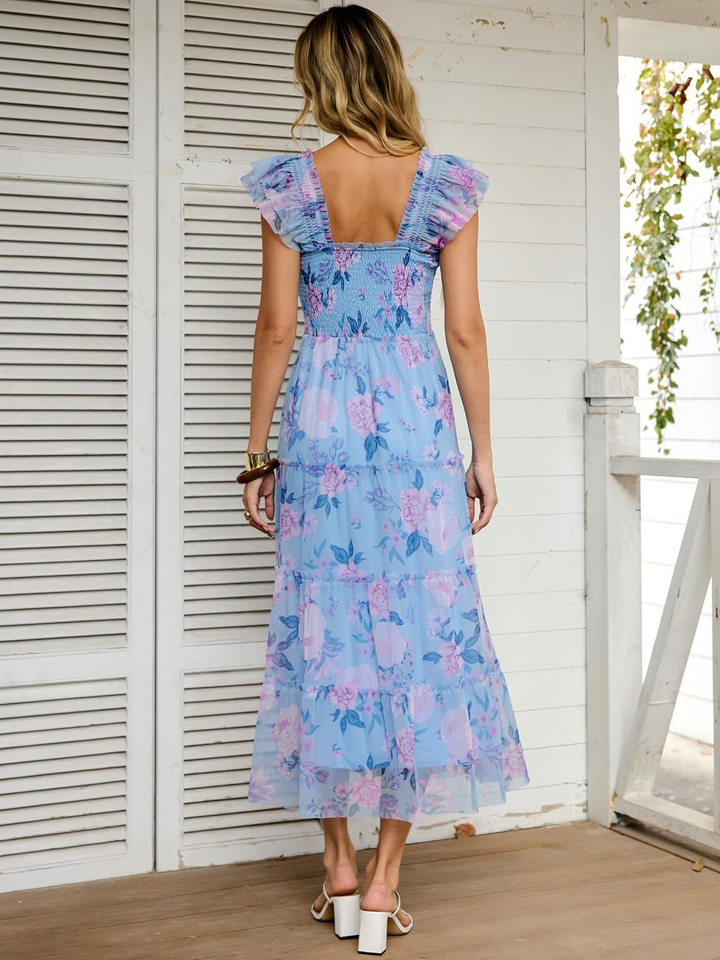 ANRABESS Women's Floral Smocked Ruffle Midi Dress