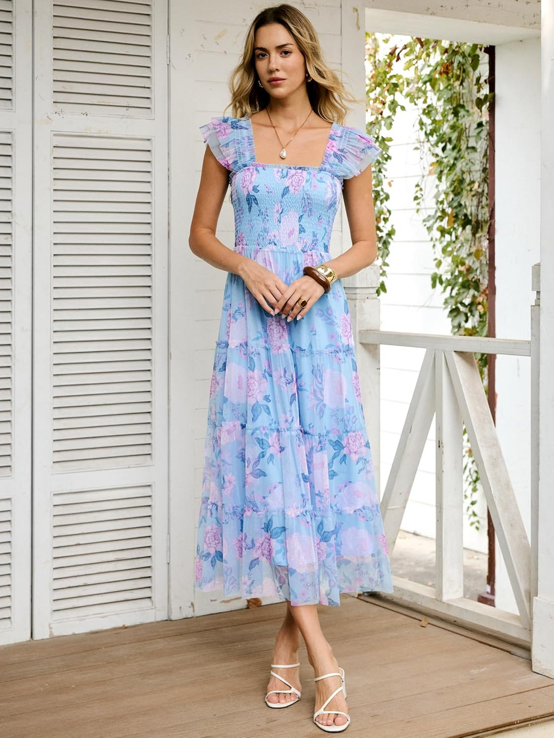 ANRABESS Women's Floral Smocked Ruffle Midi Dress