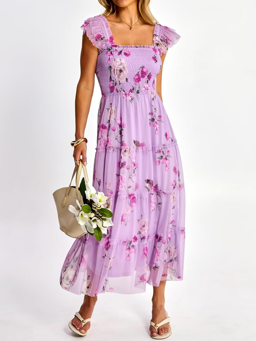 ANRABESS Women's Floral Smocked Ruffle Midi Dress