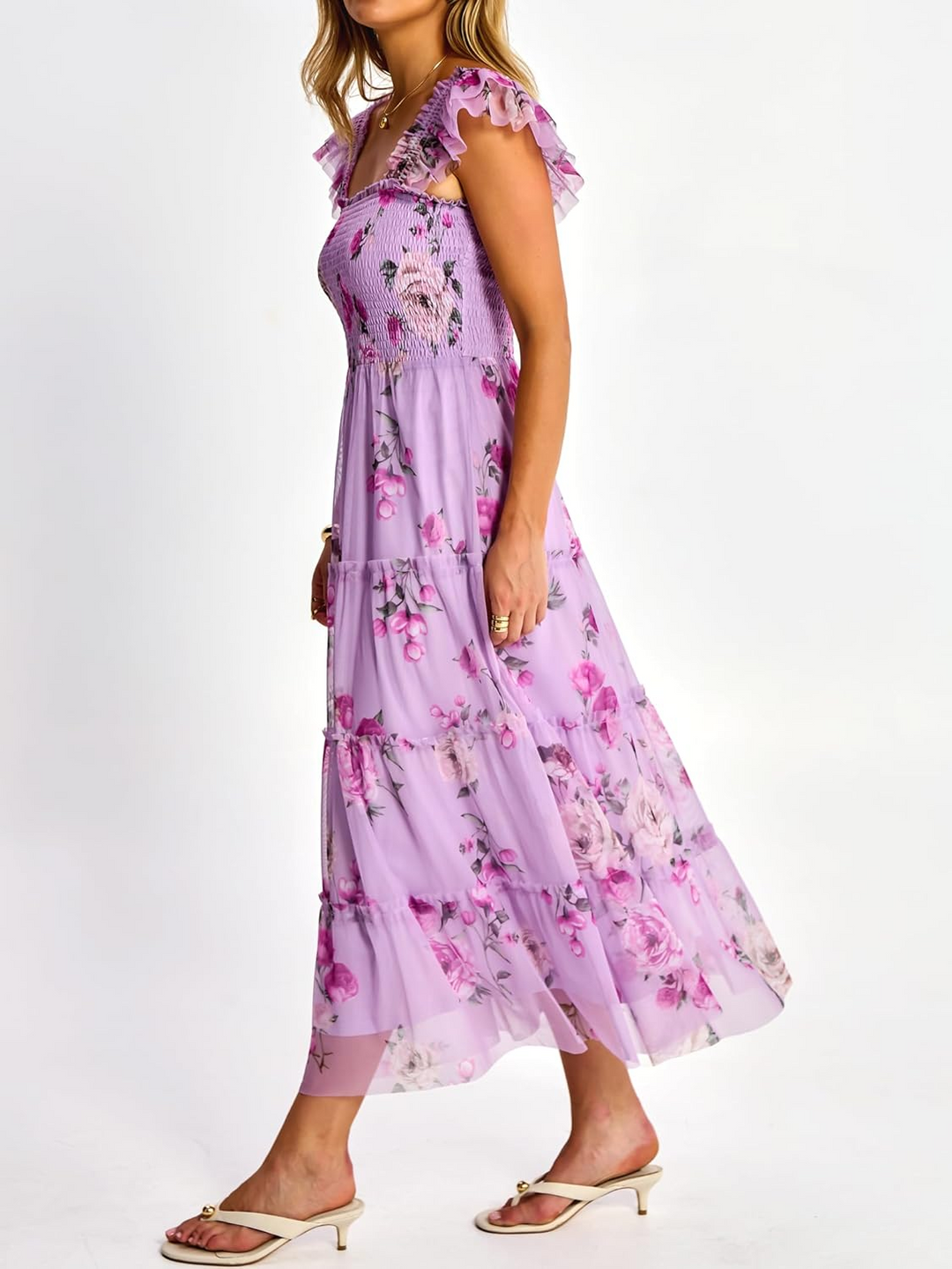 ANRABESS Women's Floral Smocked Ruffle Midi Dress