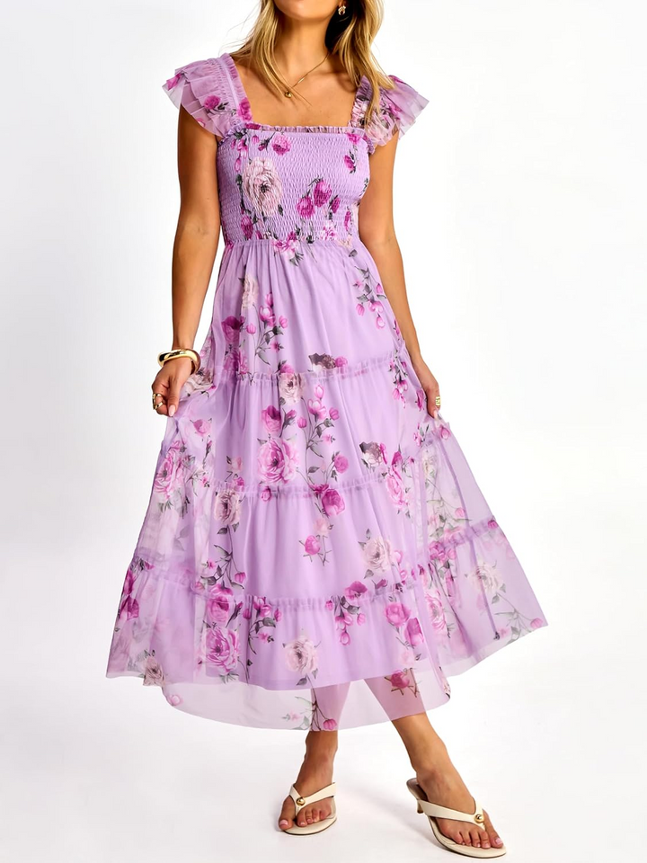 ANRABESS Women's Floral Smocked Ruffle Midi Dress