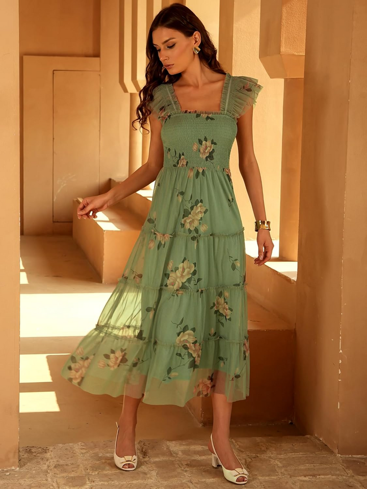 ANRABESS Women's Floral Smocked Ruffle Midi Dress