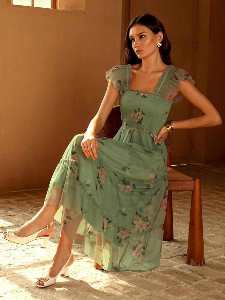 ANRABESS Women's Floral Smocked Ruffle Midi Dress