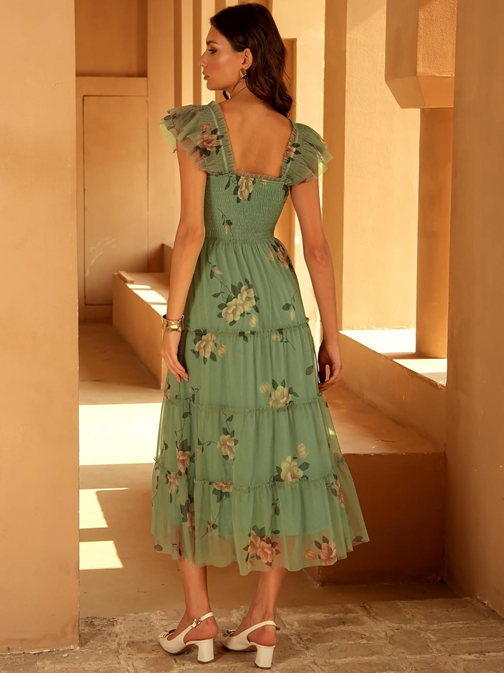 ANRABESS Women's Floral Smocked Ruffle Midi Dress