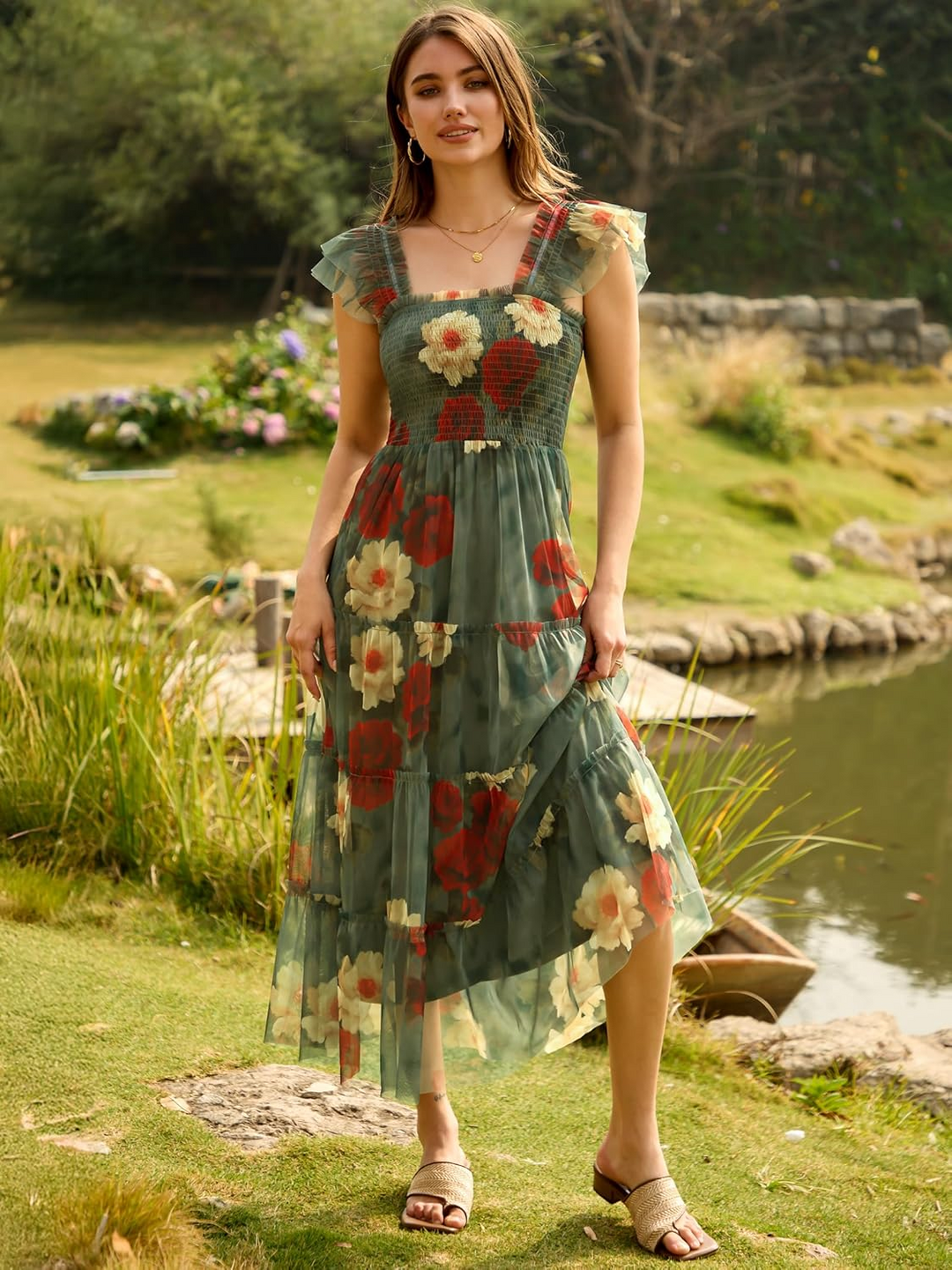 ANRABESS Women's Floral Smocked Ruffle Midi Dress