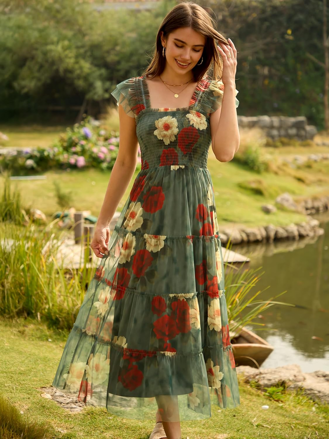 ANRABESS Women's Floral Smocked Ruffle Midi Dress