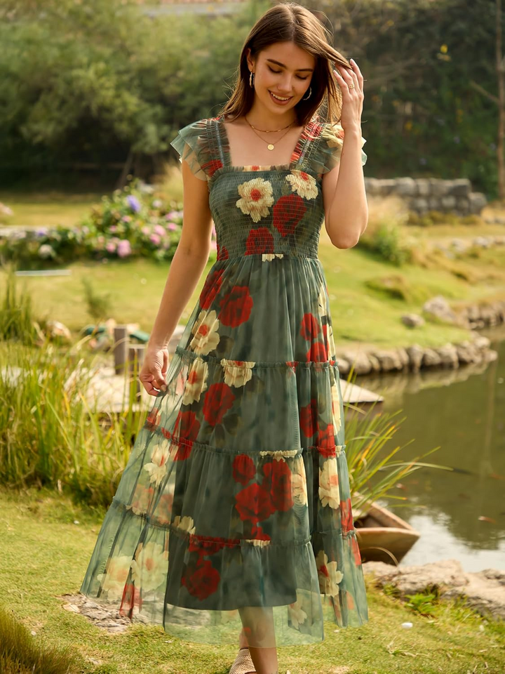 ANRABESS Women's Floral Smocked Ruffle Midi Dress