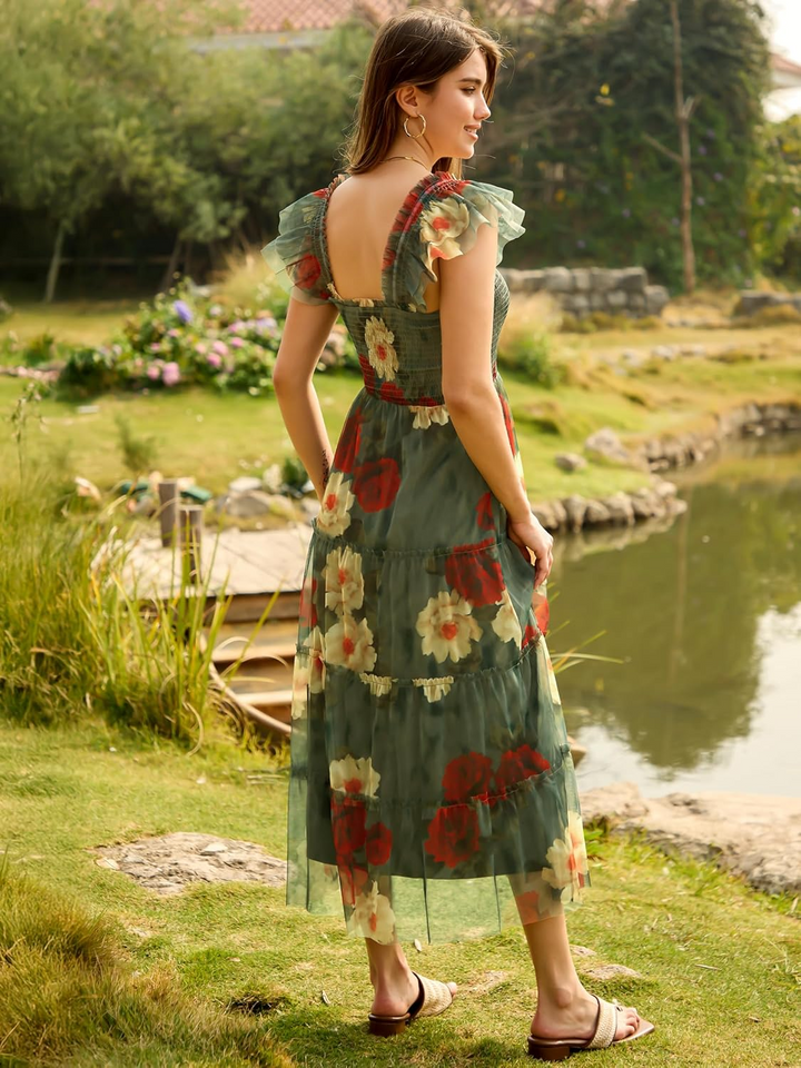 ANRABESS Women's Floral Smocked Ruffle Midi Dress