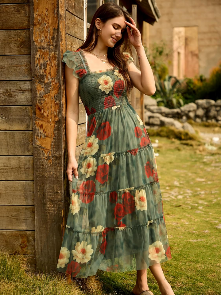 ANRABESS Women's Floral Smocked Ruffle Midi Dress