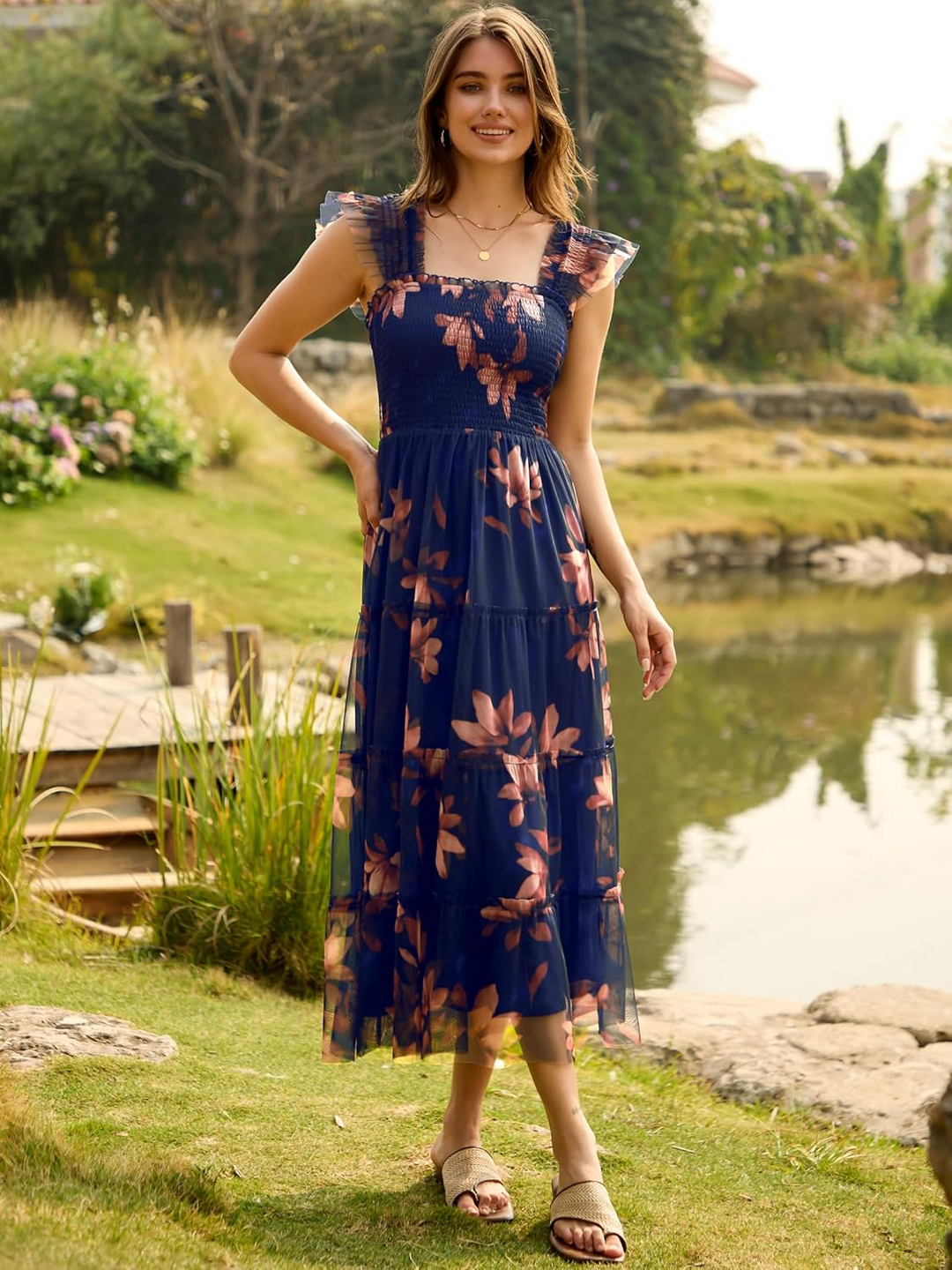 ANRABESS Women's Floral Smocked Ruffle Midi Dress