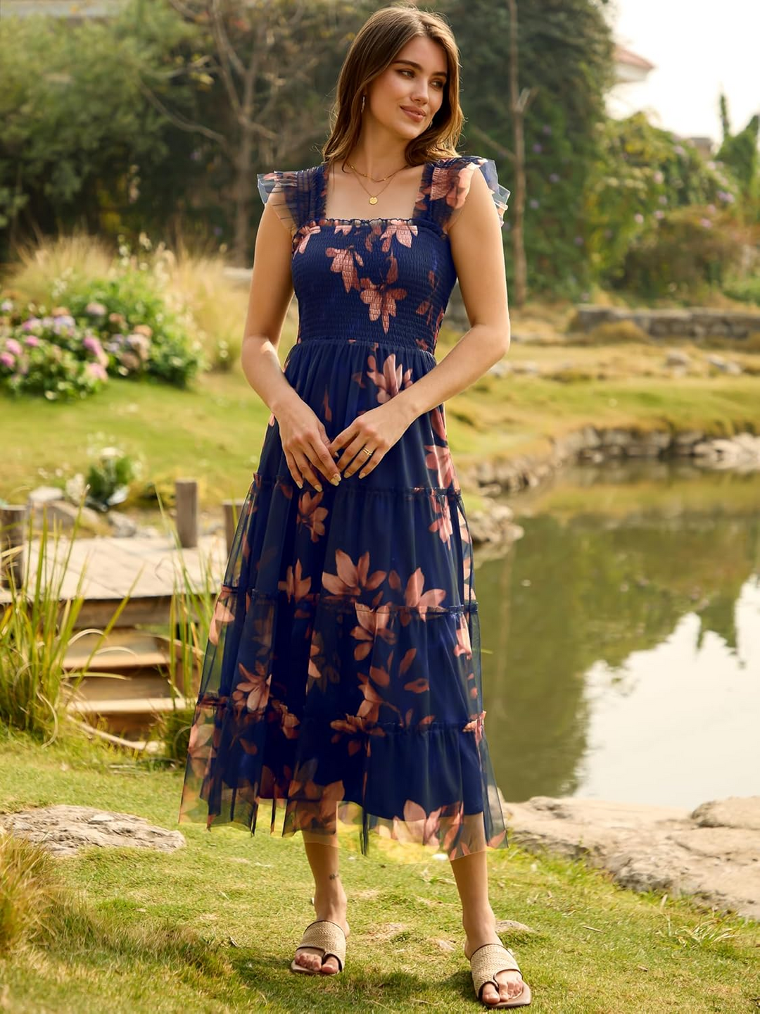 ANRABESS Women's Floral Smocked Ruffle Midi Dress