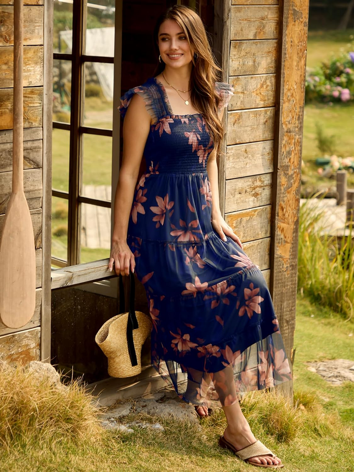 ANRABESS Women's Floral Smocked Ruffle Midi Dress