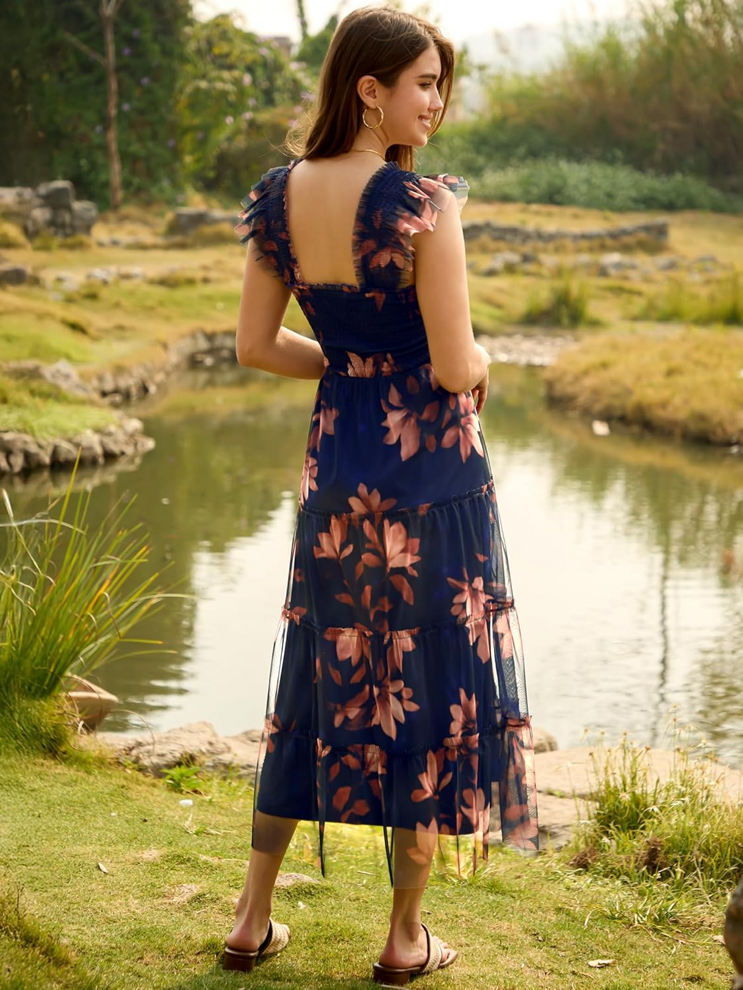 ANRABESS Women's Floral Smocked Ruffle Midi Dress