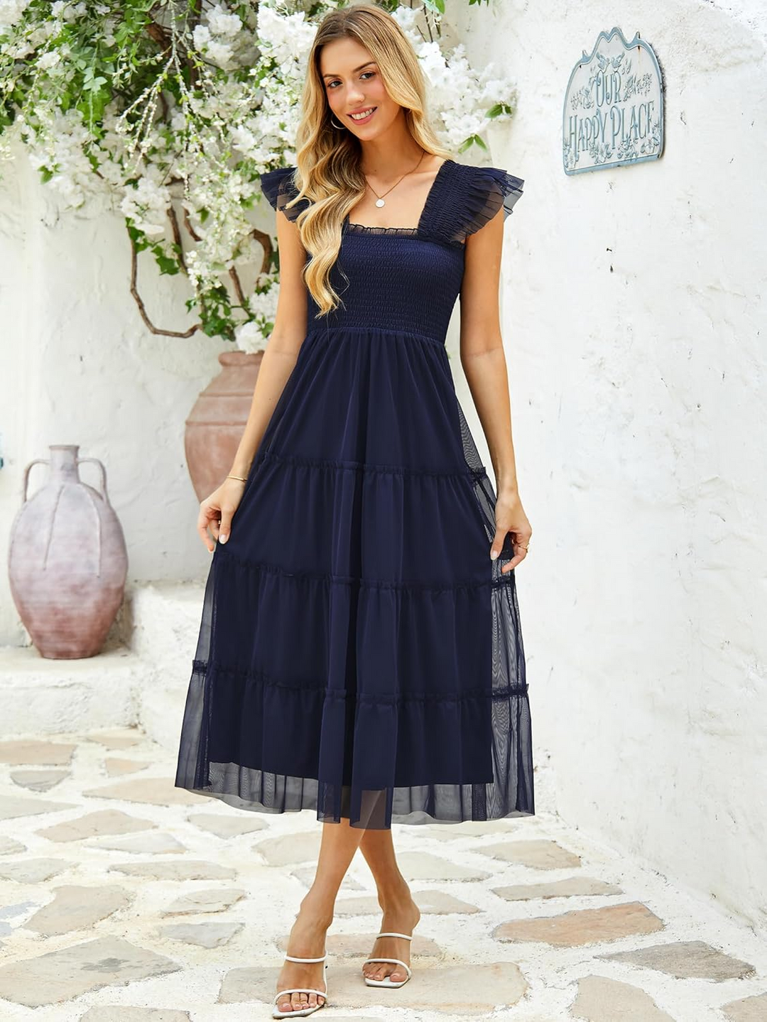 ANRABESS Women's Floral Smocked Ruffle Midi Dress