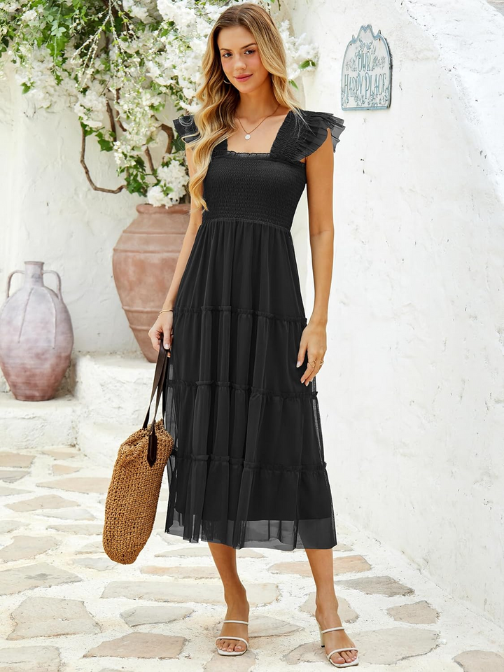 ANRABESS Women's Floral Smocked Ruffle Midi Dress