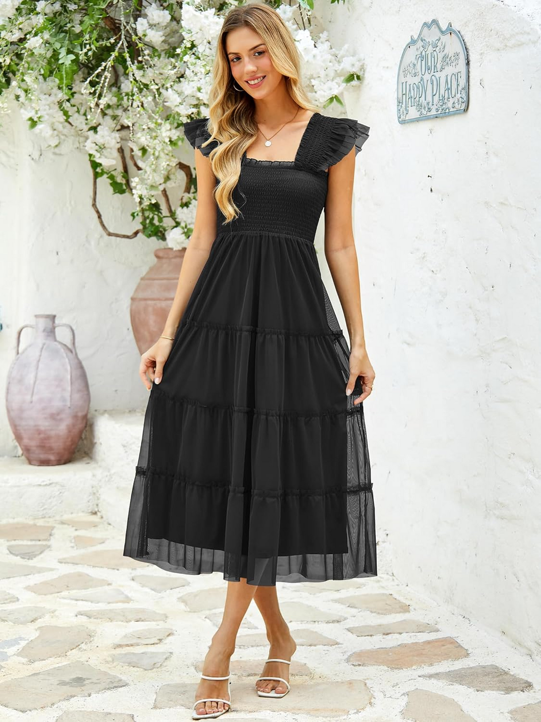 ANRABESS Women's Floral Smocked Ruffle Midi Dress