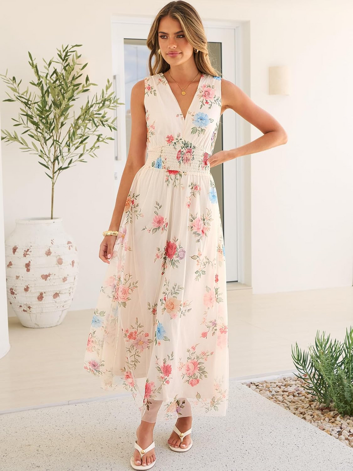 ANRABESS Women's Floral V-Neck A-Line Maxi Dress