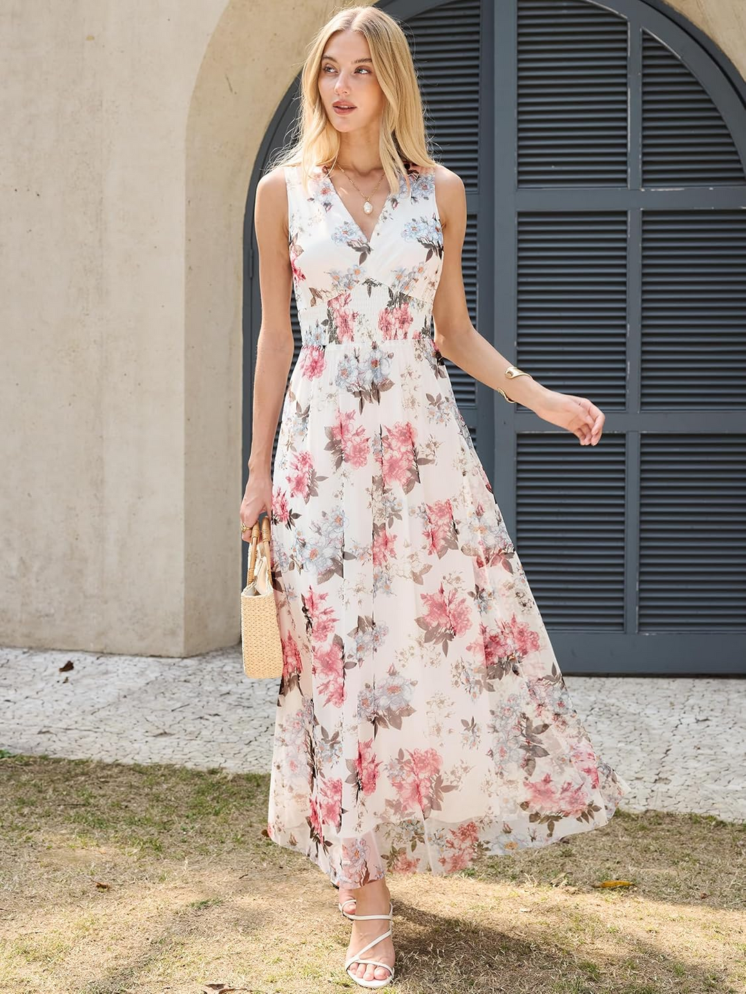 ANRABESS Women's Floral V-Neck A-Line Maxi Dress