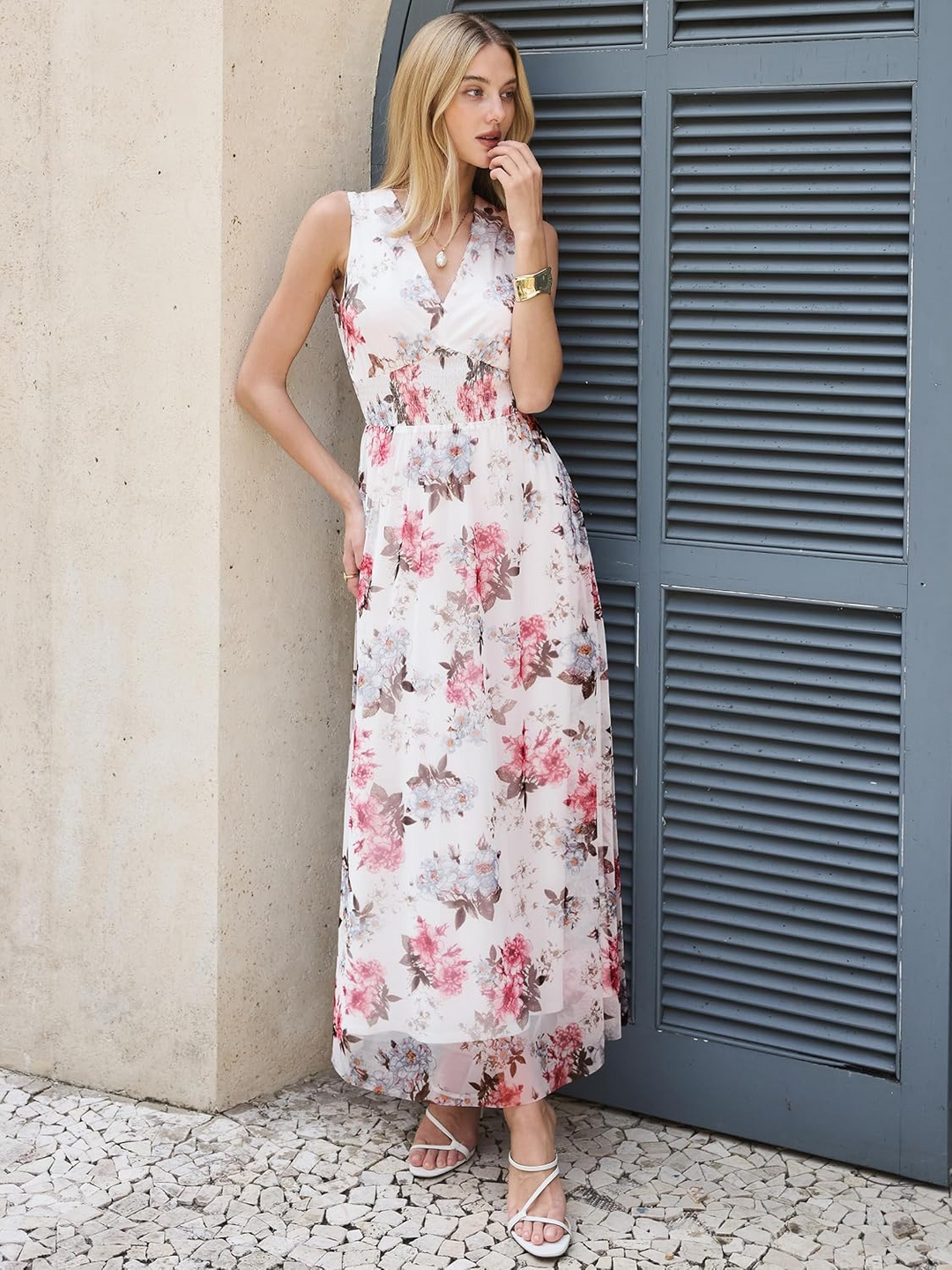 ANRABESS Women's Floral V-Neck A-Line Maxi Dress