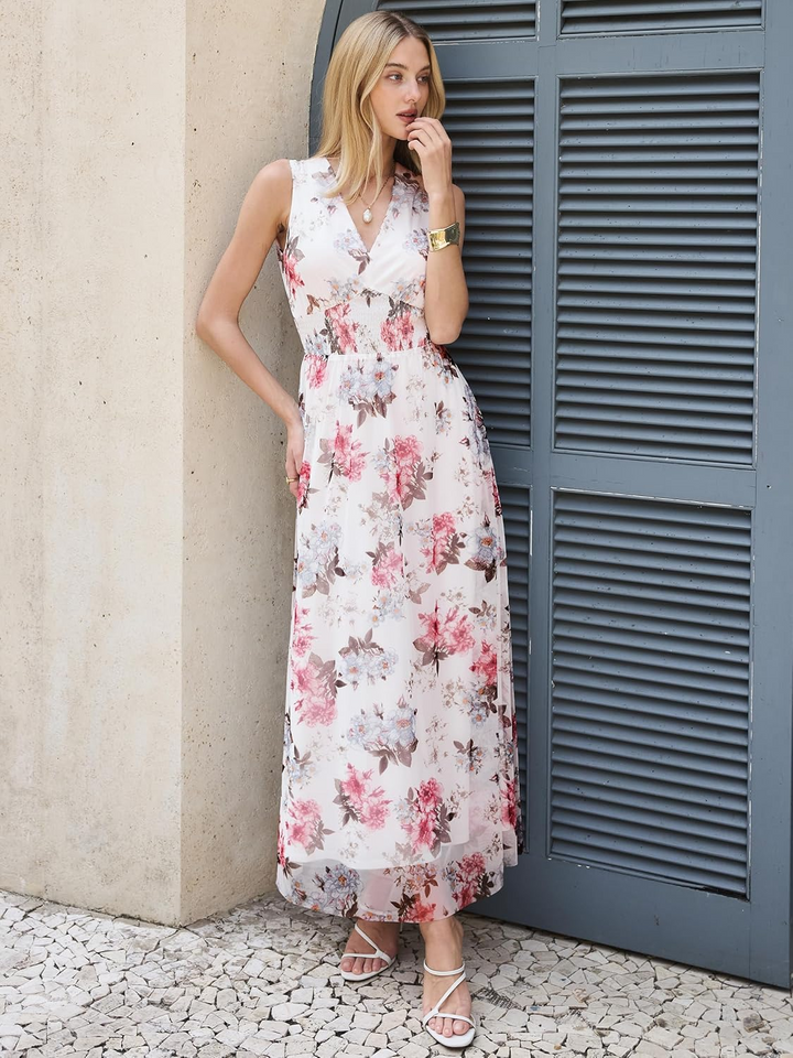 ANRABESS Women's Floral V-Neck A-Line Maxi Dress