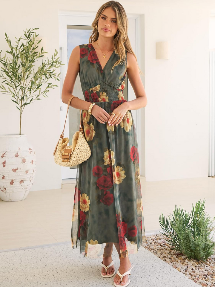 ANRABESS Women's Floral V-Neck A-Line Maxi Dress