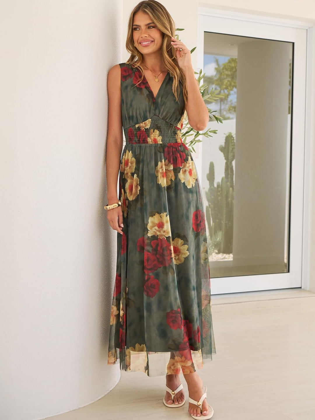 ANRABESS Women's Floral V-Neck A-Line Maxi Dress
