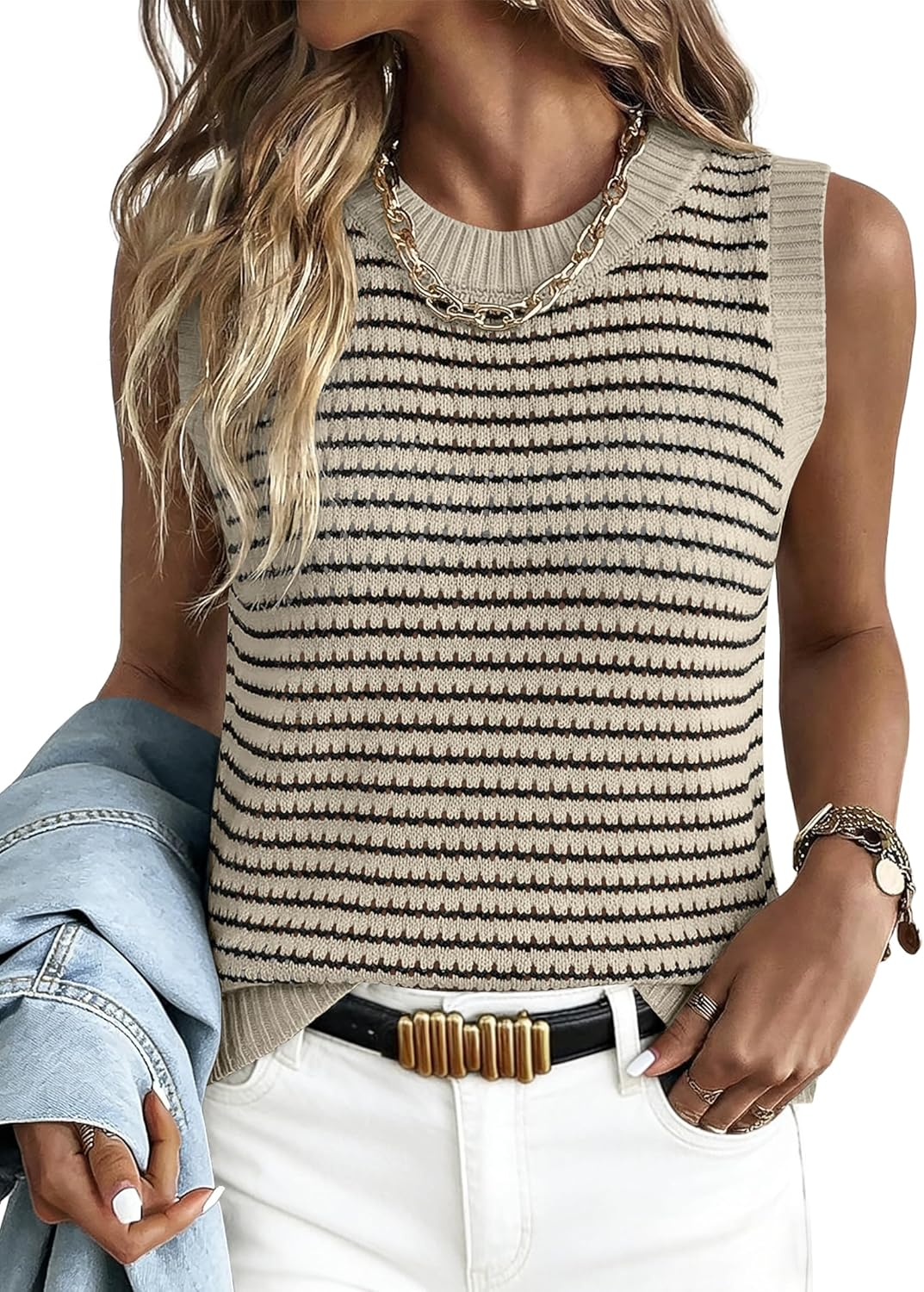 ANRABESS Women's Striped Sleeveless Sweater Vest