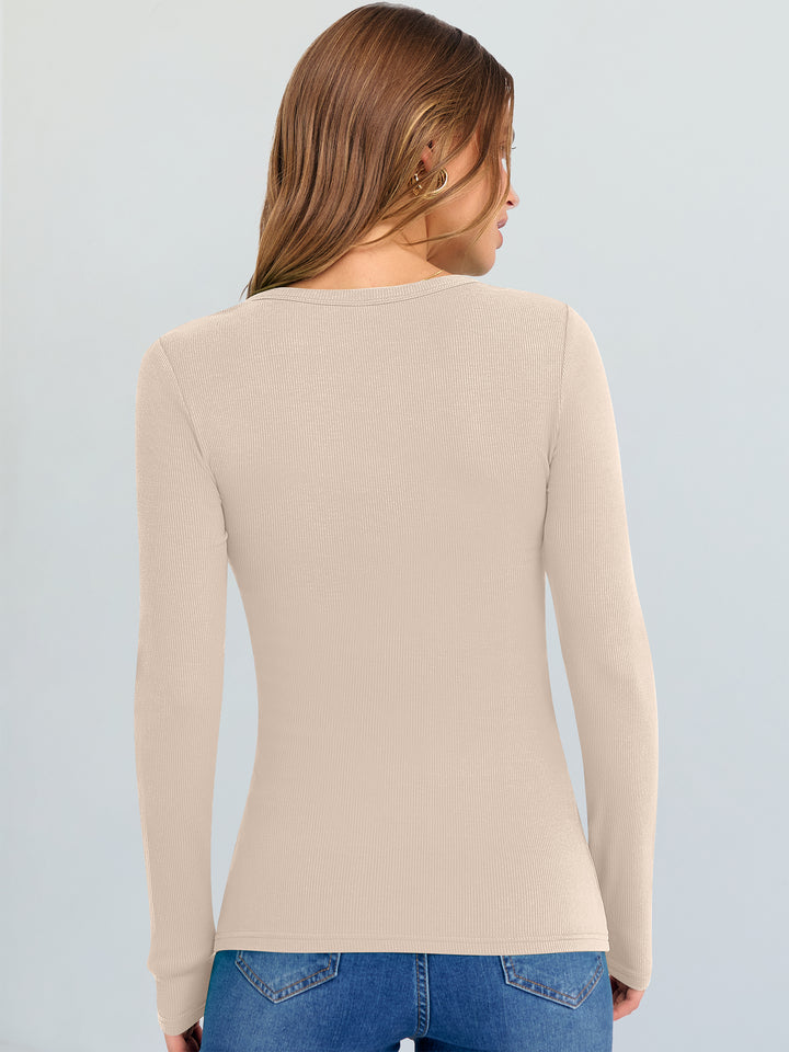 ANRABESS Long Sleeve Shirts for Women V Neck Ribbed Knit Fitted Fall Basic Tshirts Going Out Tops 2025 Casual Trendy Clothes