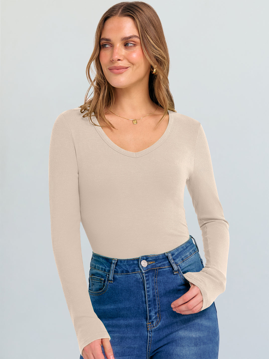 ANRABESS Long Sleeve Shirts for Women V Neck Ribbed Knit Fitted Fall Basic Tshirts Going Out Tops 2025 Casual Trendy Clothes