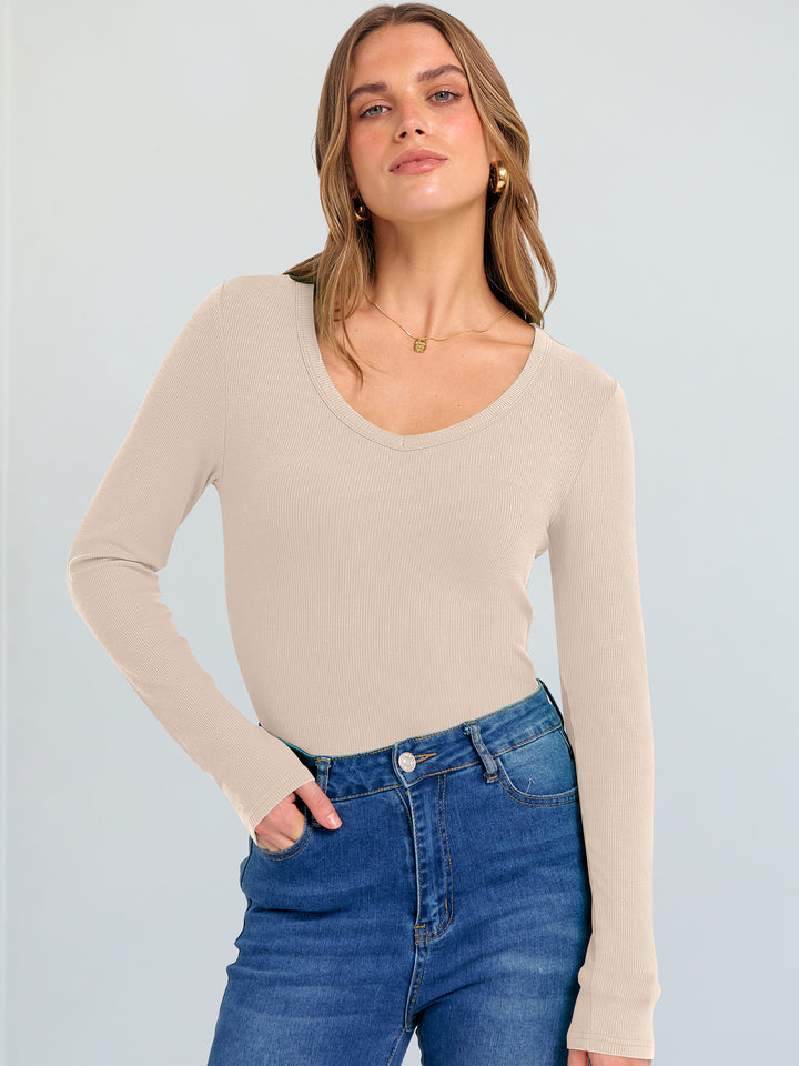 ANRABESS Long Sleeve Shirts for Women V Neck Ribbed Knit Fitted Fall Basic Tshirts Going Out Tops 2025 Casual Trendy Clothes