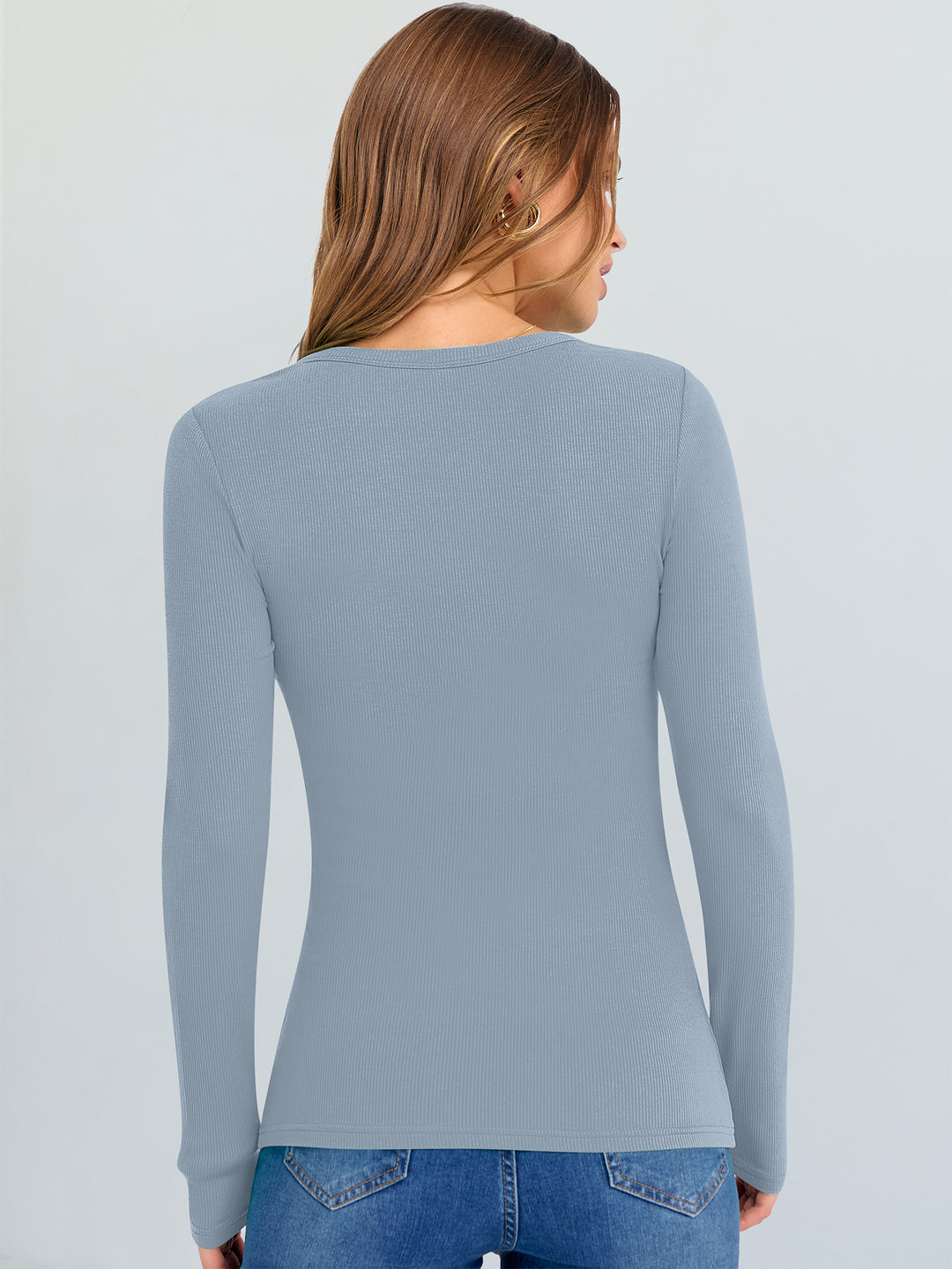 ANRABESS Long Sleeve Shirts for Women V Neck Ribbed Knit Fitted Fall Basic Tshirts Going Out Tops 2025 Casual Trendy Clothes