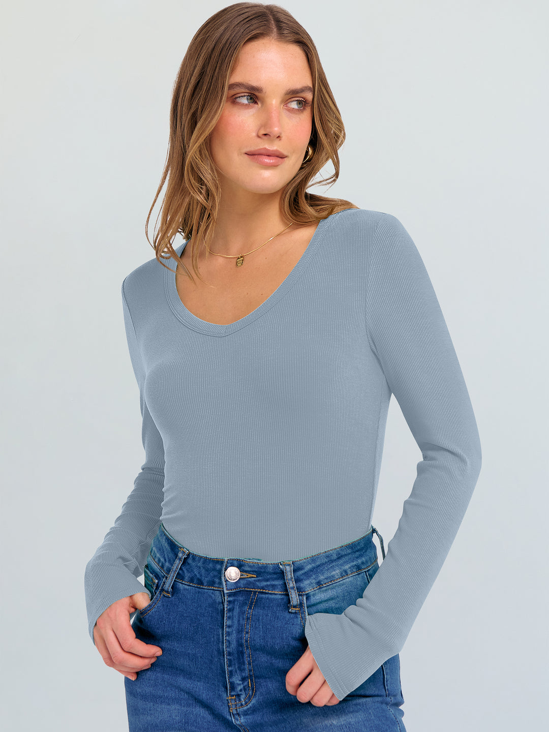 ANRABESS Long Sleeve Shirts for Women V Neck Ribbed Knit Fitted Fall Basic Tshirts Going Out Tops 2025 Casual Trendy Clothes