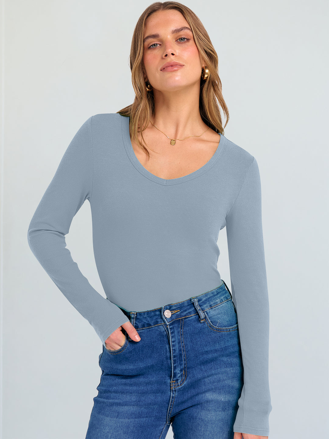ANRABESS Long Sleeve Shirts for Women V Neck Ribbed Knit Fitted Fall Basic Tshirts Going Out Tops 2025 Casual Trendy Clothes