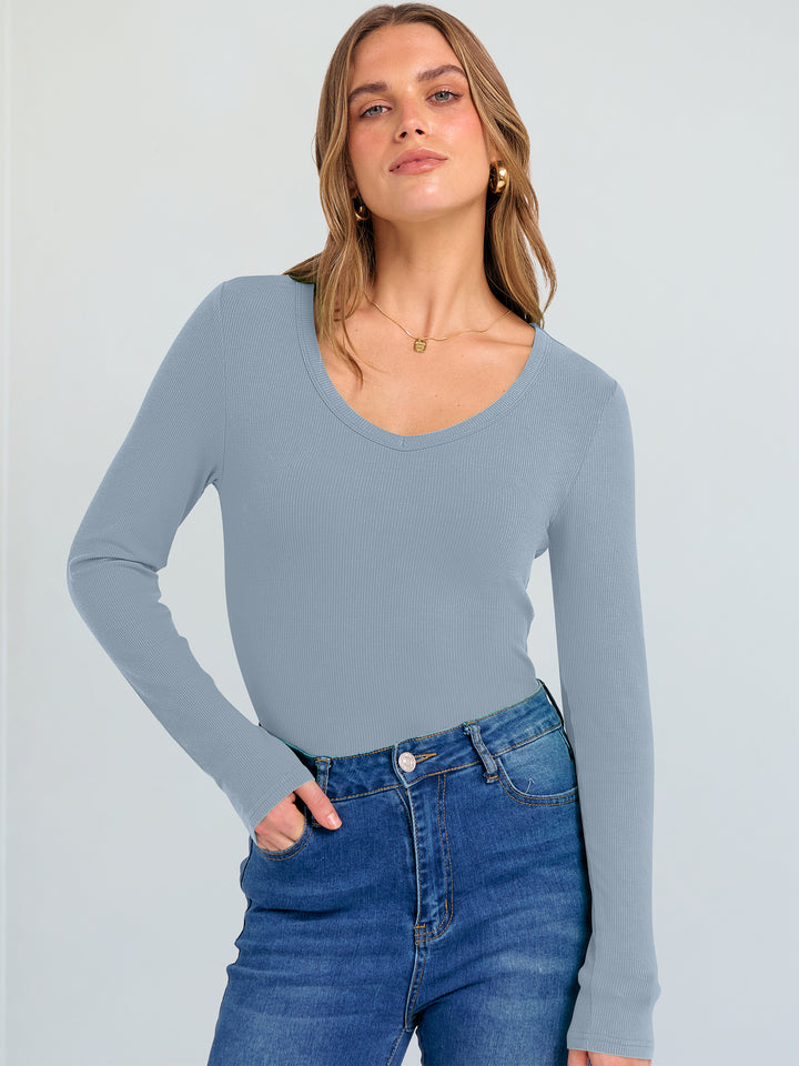 ANRABESS Long Sleeve Shirts for Women V Neck Ribbed Knit Fitted Fall Basic Tshirts Going Out Tops 2025 Casual Trendy Clothes