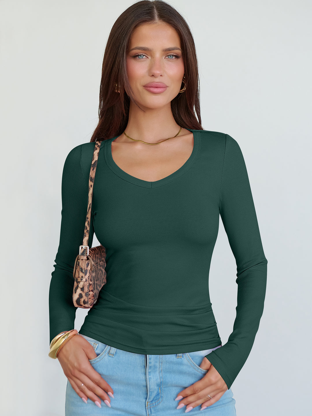 ANRABESS Long Sleeve Shirts for Women V Neck Ribbed Knit Fitted Fall Basic Tshirts Going Out Tops 2025 Casual Trendy Clothes